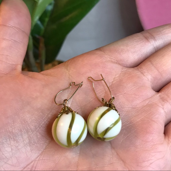 Lovely Cream and Sage Swirl Ball Earrings - Picture 5 of 5
